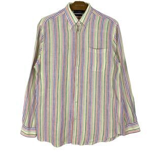 NWOT GRANT THOMAS Shirt Men L Linen Long Sleeve Rainbow Stripe Multicolor Beachy